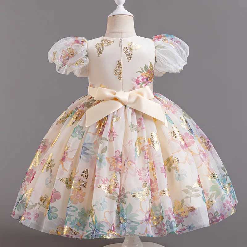 Girl's Dresses Girls new bubble sleeve big bow print sweet and cute princess dress graduate evening gown Y250227DEFX