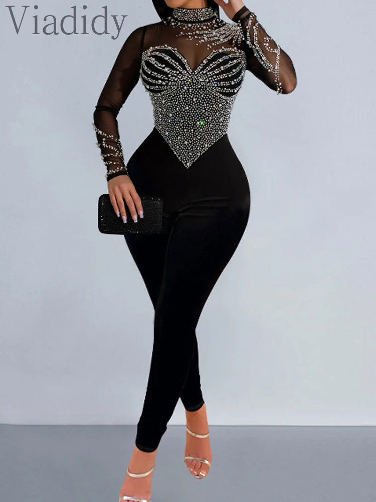 Pearls Rhinestone Romper for Women Jumpsuits Mesh See Through Skinny One Piece Overalls 250224
