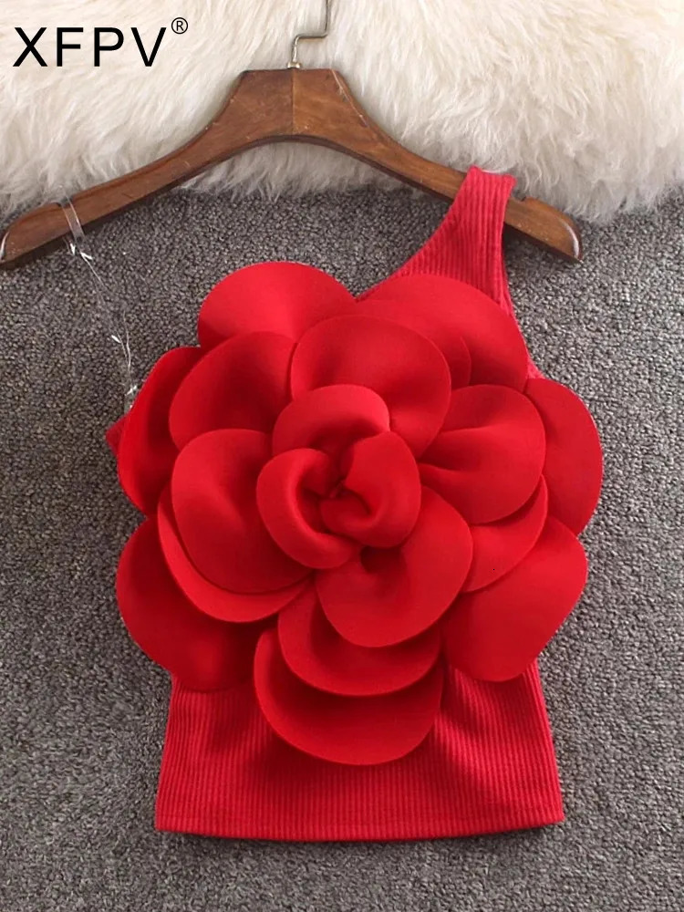 XFPV Womens Sweet 3D Flower Oblique Collar One Shoulder Camisole Slim Open Back Top Y2k Korean Fashion Summer 2025 SM11024 250226