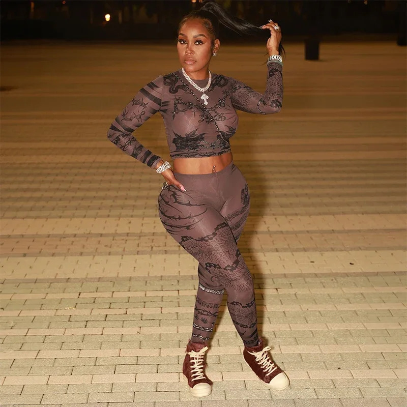 Sexy Women Mesh Printed Skinny Casual Set Round Neck Long Sleeve Tops Slim Pencil Pants 2Pcs Fashion Streetwear Outfit 250226