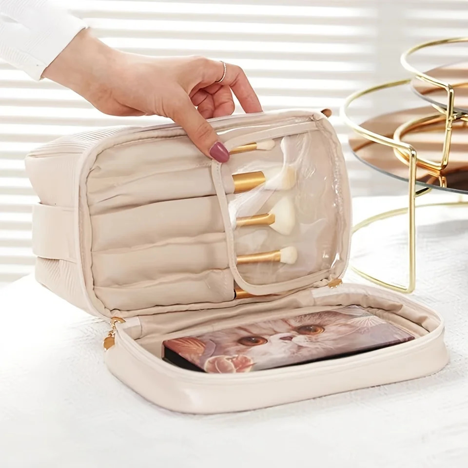 Ship from US Large Capacity Travel Cosmetic Bag Portable Leather Makeup Pouch Vertical Strip Clutch Womens y Washbag Toiletry Kit 250227FBB