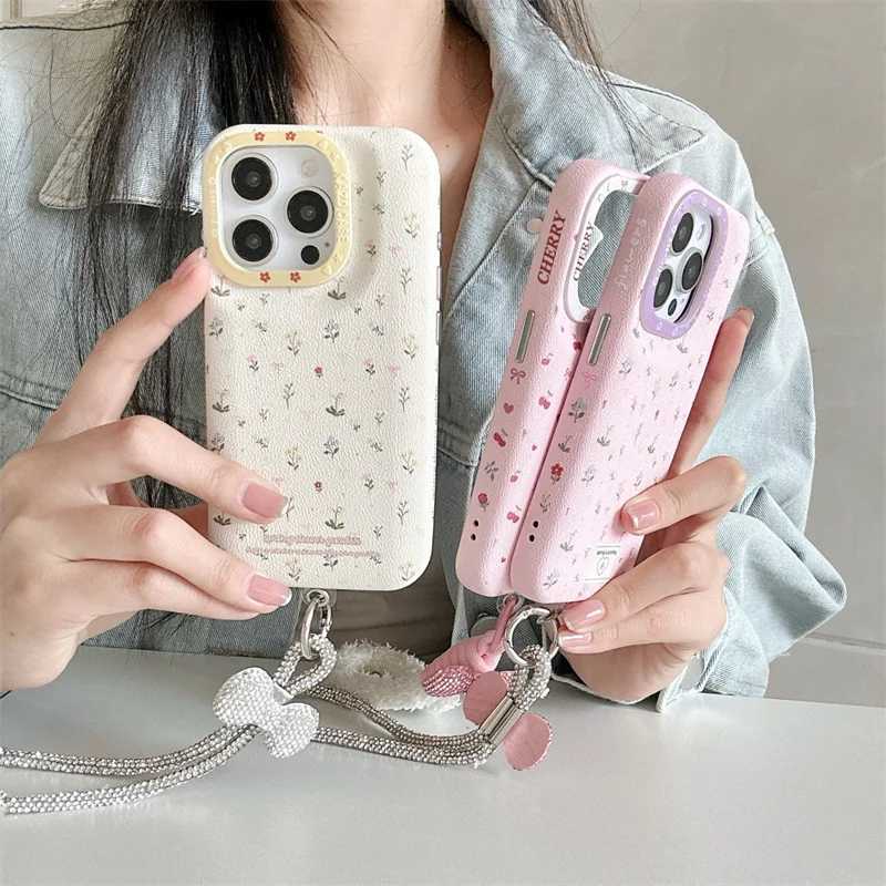 Korean Cute Flower Cherry Case for iPhone 16 Pro 13 14 15 Pro Max Phone Cover with Bow Hand Strap Protective Case for Girls Z250227
