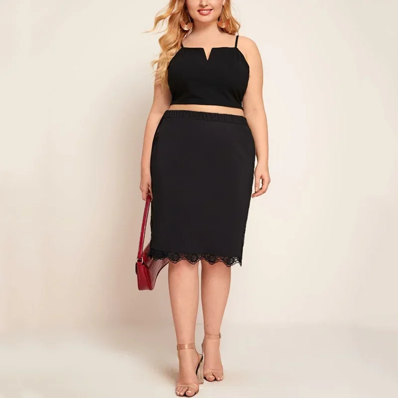 Plus Size Elastic Waist Sexy Summer Elegant Bodycon Skirt Women Lace Trim Black Business Casual Midi Skirt Work Office Skirt 6XL 250224
