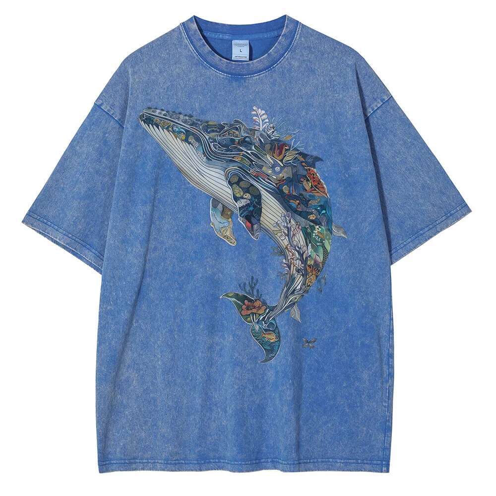 Men's Whale Printed Pattern T-shirt Casual High Street Printed Designer T-shirt Oversized T-shirt Outdated Washed Cotton Versatile Fashion Men�