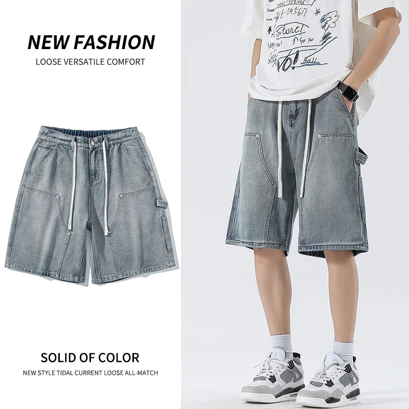Streetwear Straight Summer Men Cargo Denim Shorts Korean Vintage Loose Casual Short Jeans Washed Elastic Waist Mens 250226