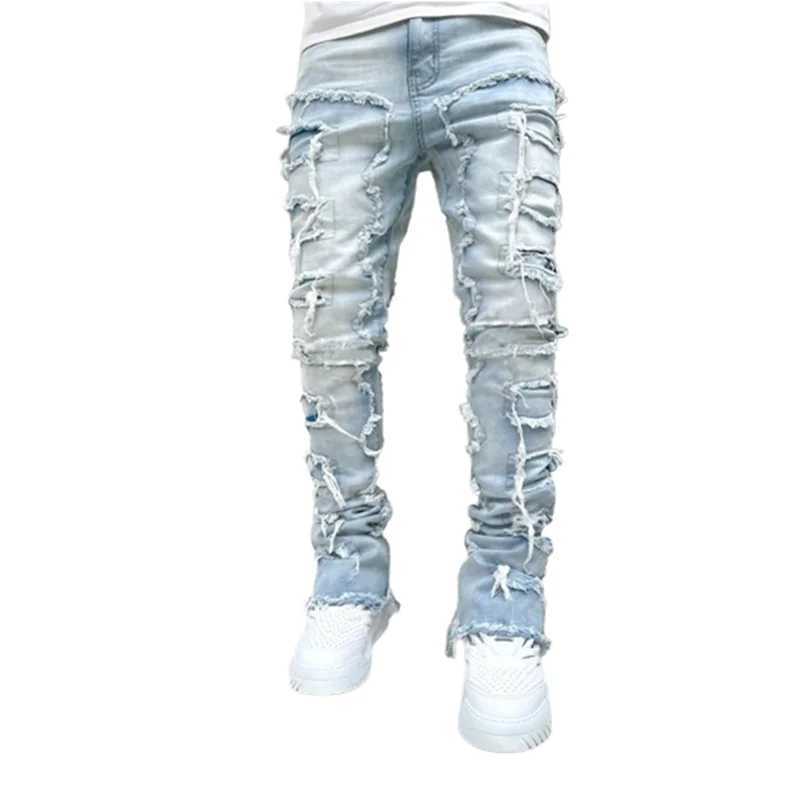 Pink Fashion Stretchy Patch Jeans Men Tassels Destroyed Ripped Broken Denim Pants High Street Y2K Patchwork Pants Male Trousers X250227