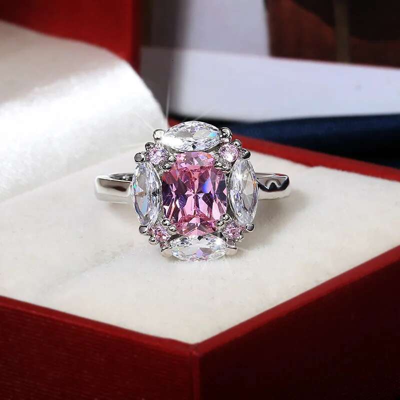 2024 Classic Moissanite Gemstone Ring For Ladies Stamp Pink White Zircon Wedding Engagement Jewelry Gift