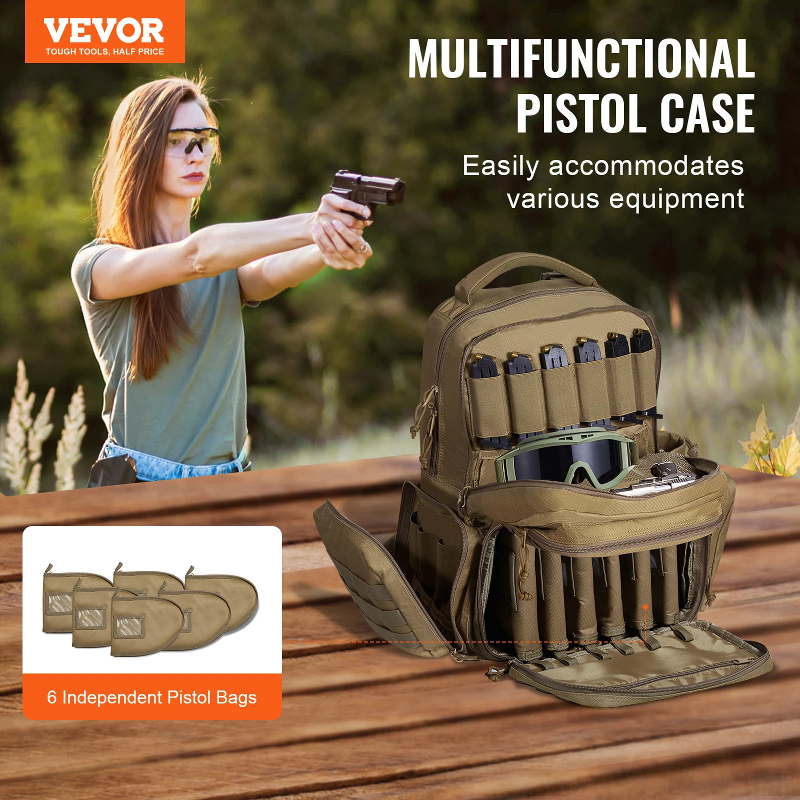Ship from U.S. VEVOR Tactical Range Backpack 2/6 Pistols Gun Backpack with Independent Pistol Bags 6/10 Magazines Pistol Backpack for Outdoor 250227FB