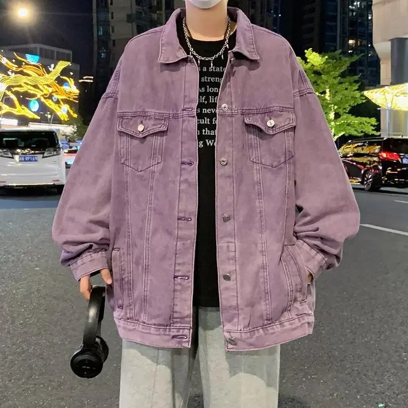 Purple American Style Vintage Denim Jacket For Men Women Trendy High-end Feel Rough Tough Streetwear Clothing 250225