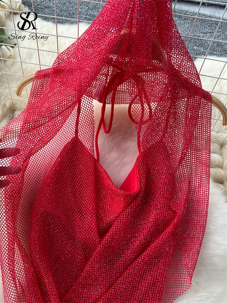 SINGREINY Sensual Vacation Styles Hoodeds Skirt Sets Mini TopShort Sim Skirt Set Female Shiny Hollow Out Irregualr Sheath Suits 250226