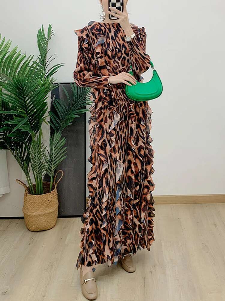 LANMREM Leopard Print Pleated Dress For Women Round Neck Long Sleeves Ruffles Fashion Dresses 2024 Spring Summer New 2Da4121