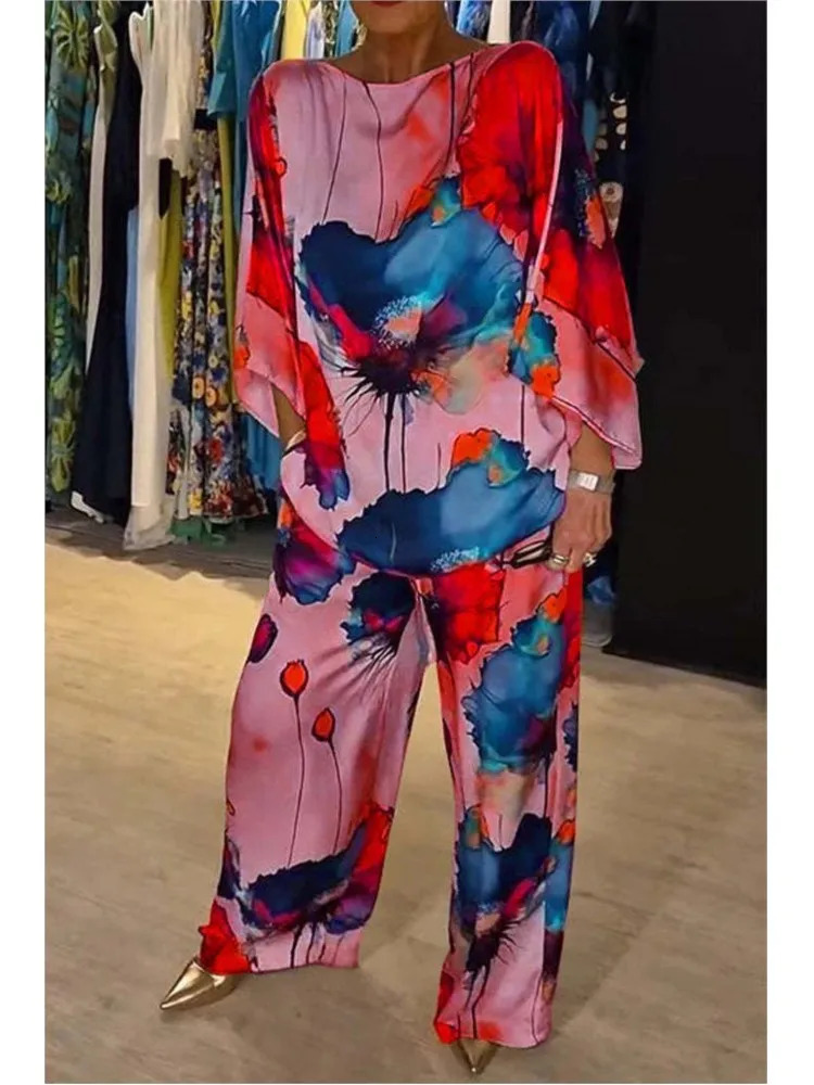 Casual Sets for Women 2 pieces Summer Fashion Printed Satin Two Piece Sets Women Sexy Round Neck TopWide Leg Long Pants Outfits 250320
