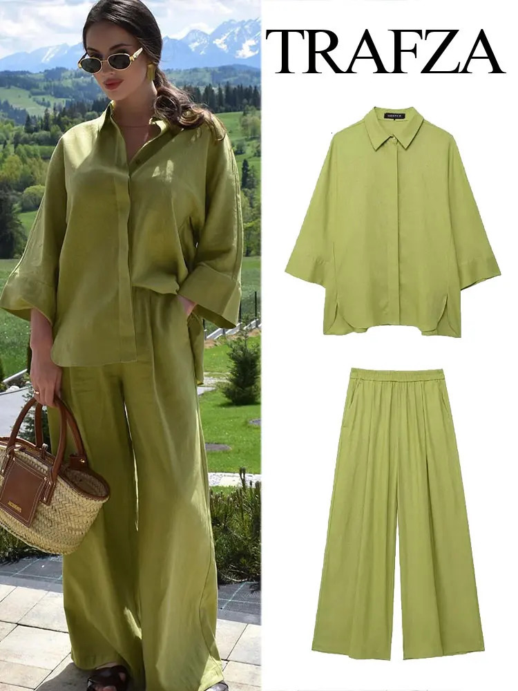 TRAFZA Womens 2piece Elastic Waist Pocket Folding Decorative Wide Leg PantsSolid Single Chest Seam Bottom Shirt Top TRAF 250226