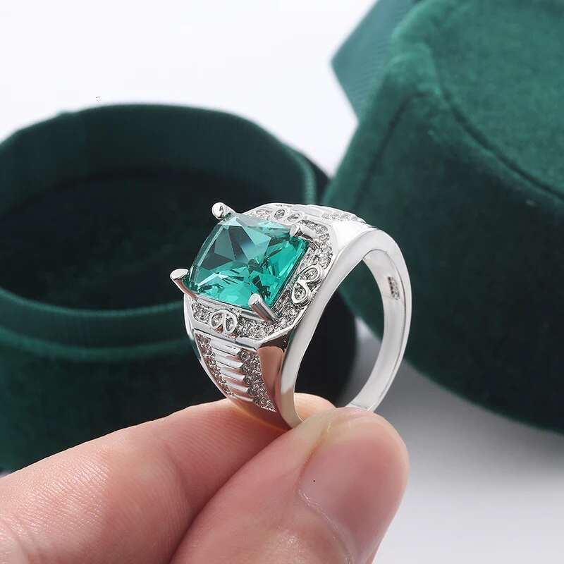 Female Male Engagement Big S Sier Rings For Men Women Yellow Gold Vintage Wedding Bands Square Green Stone Gift