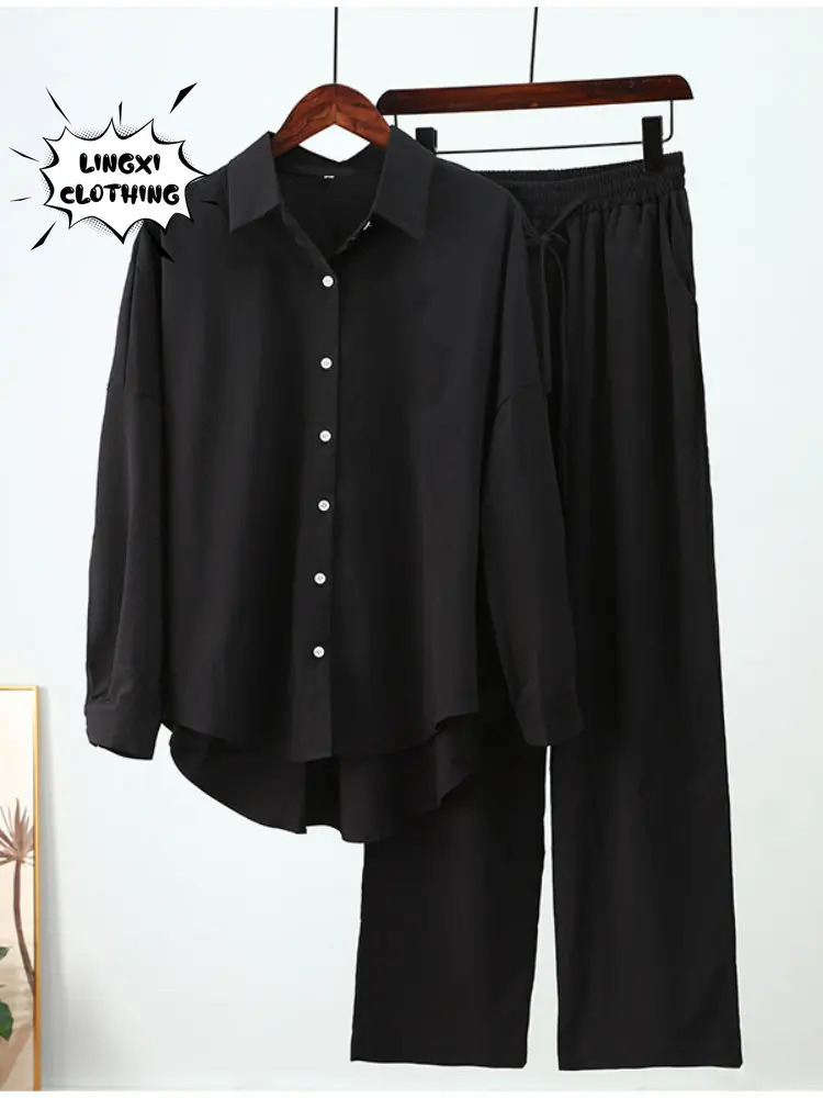 Summer Outfits for Women Fashion Loose Elastic Wrinkle Long Sleeve Shirt Wide Leg Pants Casual Set 2 Piece 250226