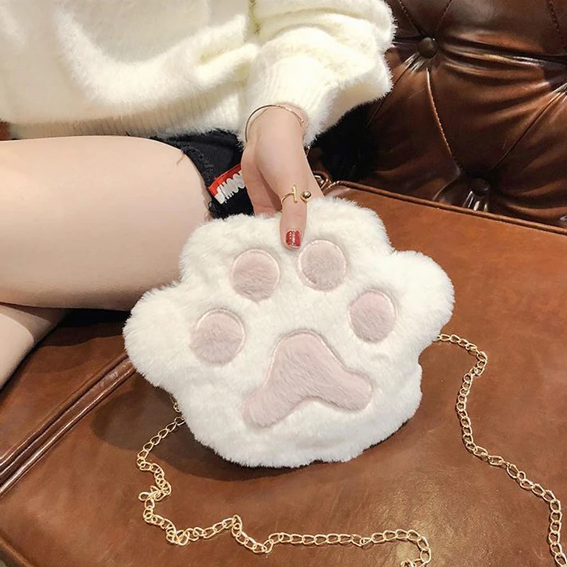 Ship from US Fashionable Womens Shoulder Bag Adorable Paw Print Plush Handbag with Chain Strap Spacious Crossbody Purse for Everyday Use 250227FBB
