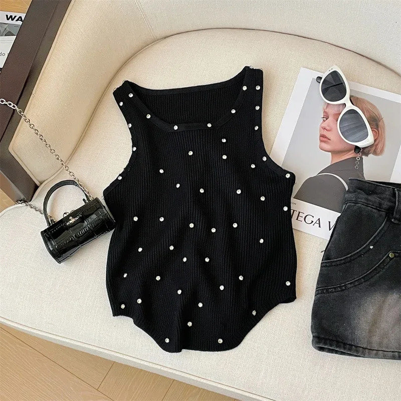 Rhinestone Knitted Tank Top White Crew Collar Sleeveless Summer Womens Wear Crop 250226