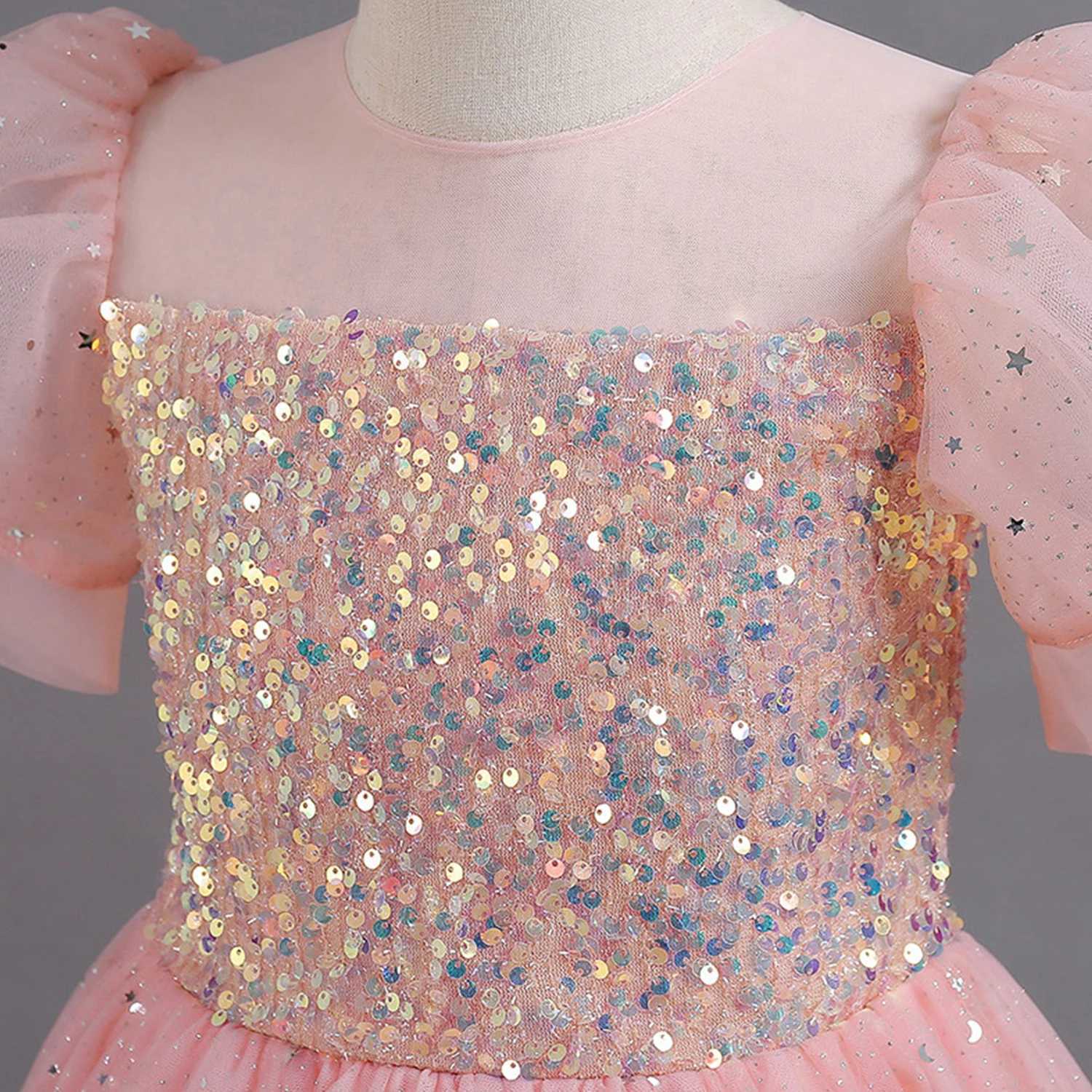 Girl's Dresses Shining toddlers big girls sequins puffs sleeves floral girls birthday party dresses formal evening dresses Y2502276TJP