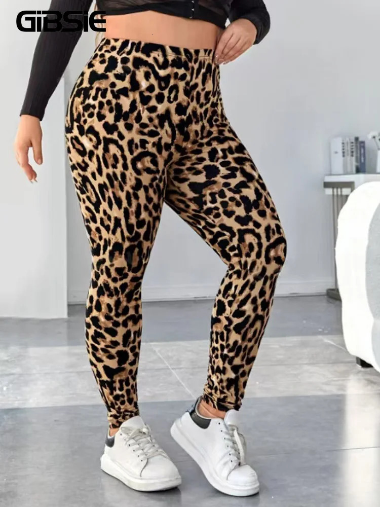 GIBSIE Plus Size Leopard Print Sexy Skinny Leggings Womens Fashion Spring Fall High Waist Female Casual Elastic Leggings 250226
