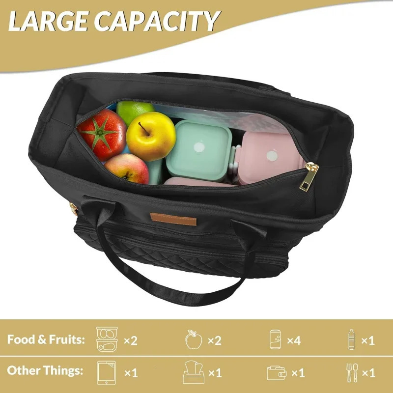 Ship from US Large Insulated Lunch Bag Work Womens Nylon Thermal Box Leakproof Cooler Tote with Storage Pocket Black 250227FBB