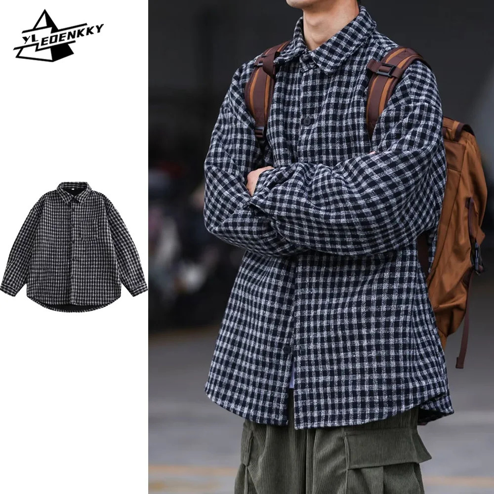 Spring Casual Shirt Men Vintage Check Baggy Long Sleeves Preppy Rollneck Cargo Tops Japanese INS Oversize Jacket Unisex 250226