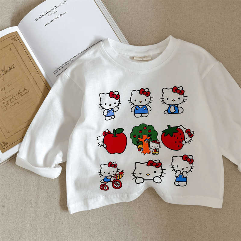 T-shirts Childrens T-shirt 2025 autumn new item for boys and girls ins cotton long sleeved T baby HELLO cat loose long sleeved base shirtY250227X9HI