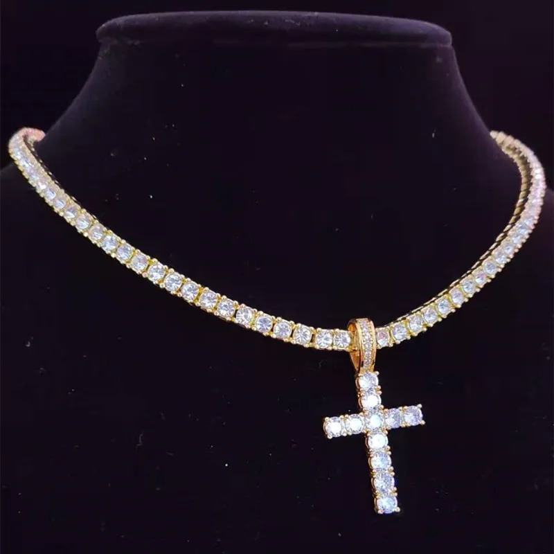 Men Women Hip Hop Cross Pendant Necklace with 4mm Zircon Tennis Chain Iced out Bling Necklaces HipHop Jewelry Fashion Gift 250227