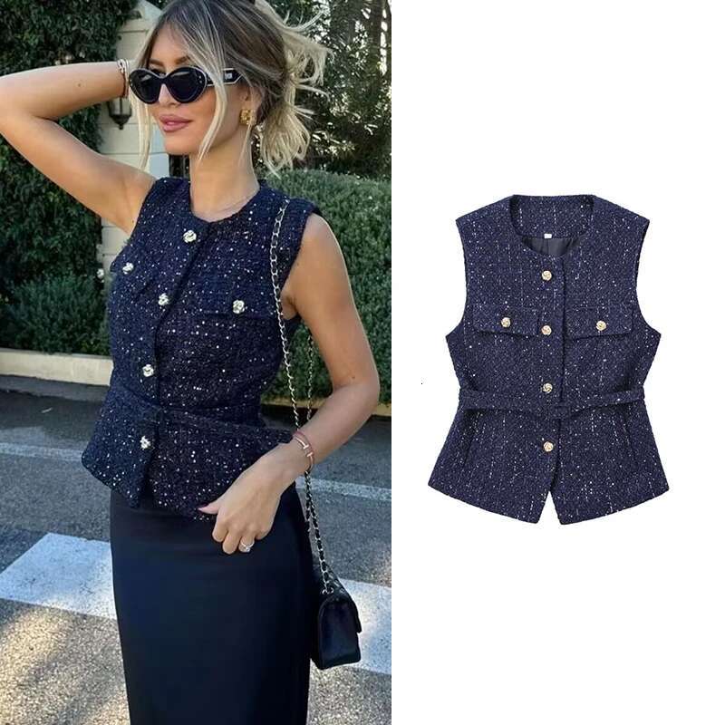 Trautumn Jackets Women's 2024 New Jacket Fashion Slim Belt O-Neck Street Joker Youth Coat Vest