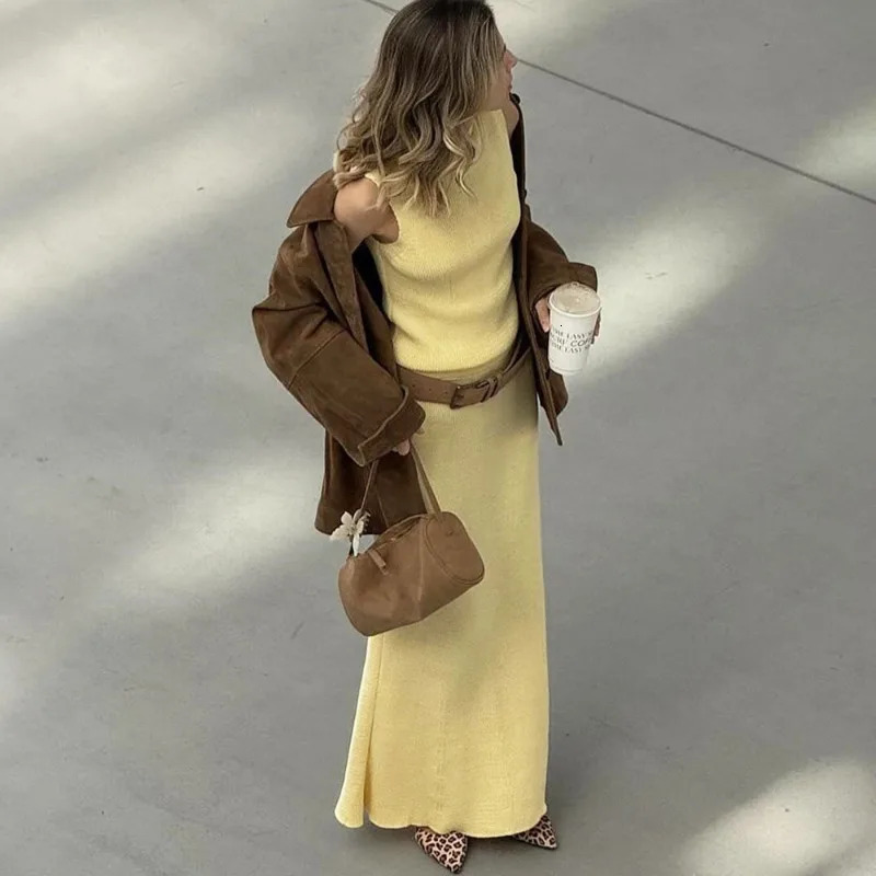 Tuularose Elegant Long Skirt Two-piece Set Womens Sleeveless Knitted Turtleneck Vest Slim Skirt Set 2025 Fashion Skirt Set 250226