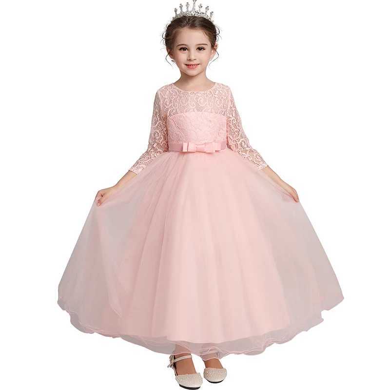 Girl's Dresses Sequins Flower Childrens Wedding Party Long Dress Elegant Girl Babys Birthday Party Feast Lace Embroidery Long Sleeve Dress Y25022