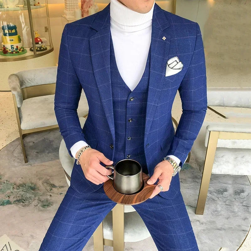 Men Dress Suits British 3Piece Set Men Wedding Suit Fall Mens Business Formal Plaid Suit Men Slim Fit Dress Suit 250224