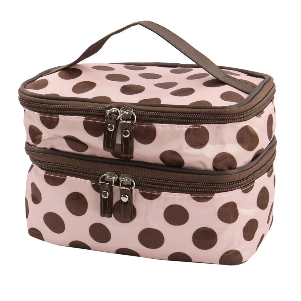 Ship from US Double Layer Dot Pattern Travel Cosmetic Makeup Bag Organizer with Mirror 250227FBB