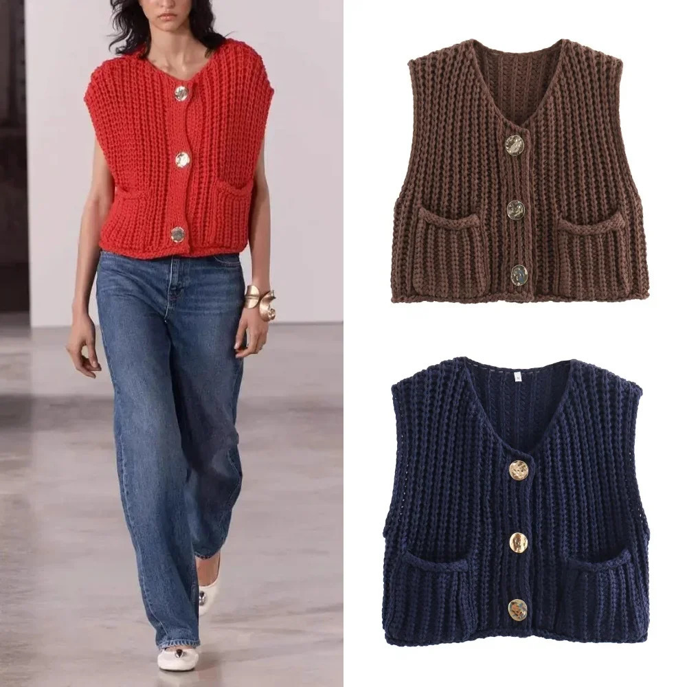 Crop Sleeveless Vest Woman Button Up Knit Women Streetwear Spring Waistcoat Jackets Y2K Pockets Loose Short Sweaters 250225