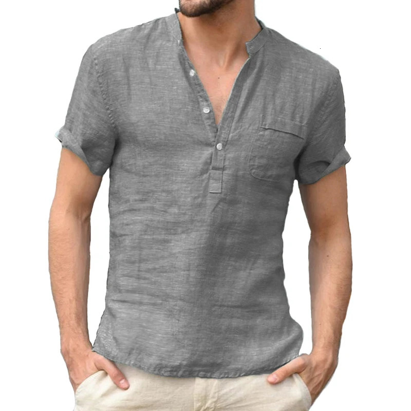 Summer Fashion Cotton Linen Casual T-Shirts Casual Male Short Sleeve V-Collar Breathable Mens Tee Button-up T S-5XL 250224