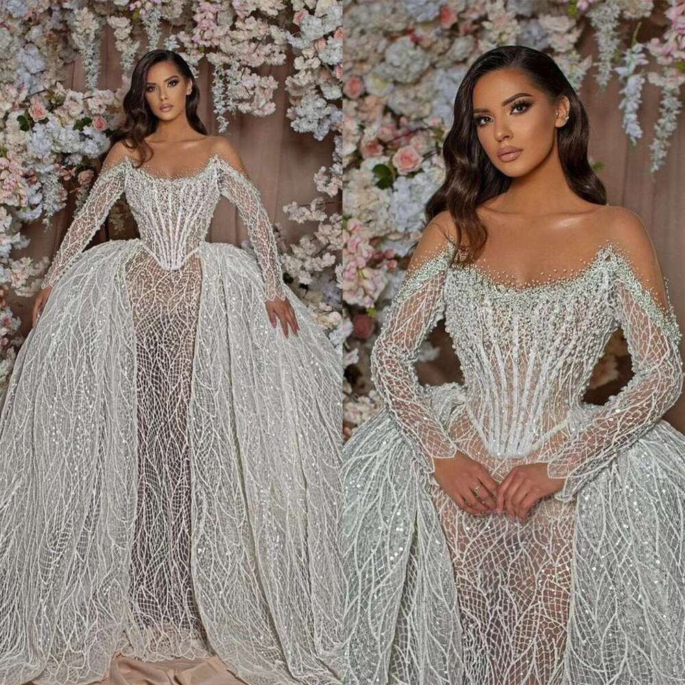 Glamorous Mermaid Wedding Dresses, Shiny Lace, Pearl Sequins, Backless, Long Sleeves, Sweep Train, Bridal Custom Made