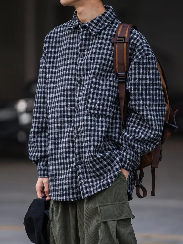 Spring Casual Shirt Men Vintage Check Baggy Long Sleeves Preppy Rollneck Cargo Tops Japanese INS Oversize Jacket Unisex 250226