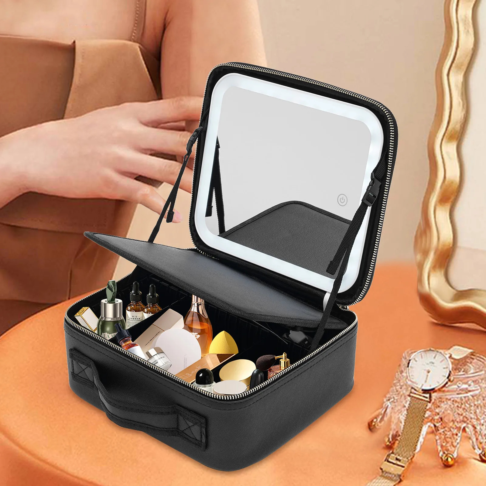 Ship from US Black Makeup Bag with Mirror and Light Portable Train Case Professional LED Cosmetic Bags Adjustable Dividers 250227FBB