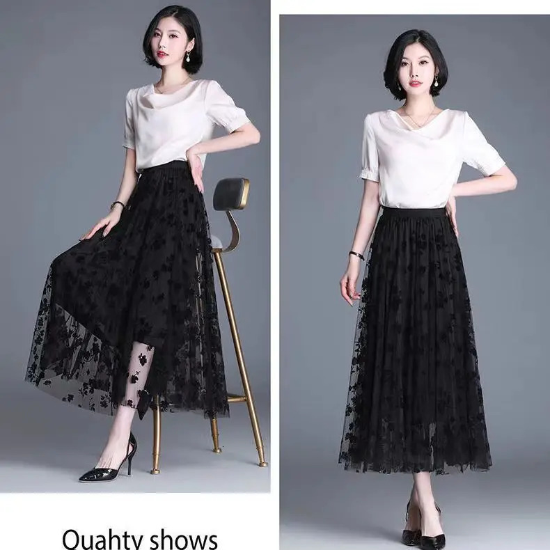 Korean Women Tulle Skirt Fashion Summer Hook Floral Loose Midi Skirt Elegant Female Casual All Match Mesh Skirts 250224