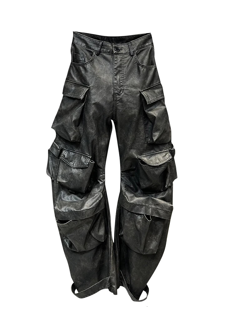 DEAT Multi Pocket n Retro PU Womens Leather Pants High Waist Single Button Freight Transport Vehicle Fall 11X5286 250227