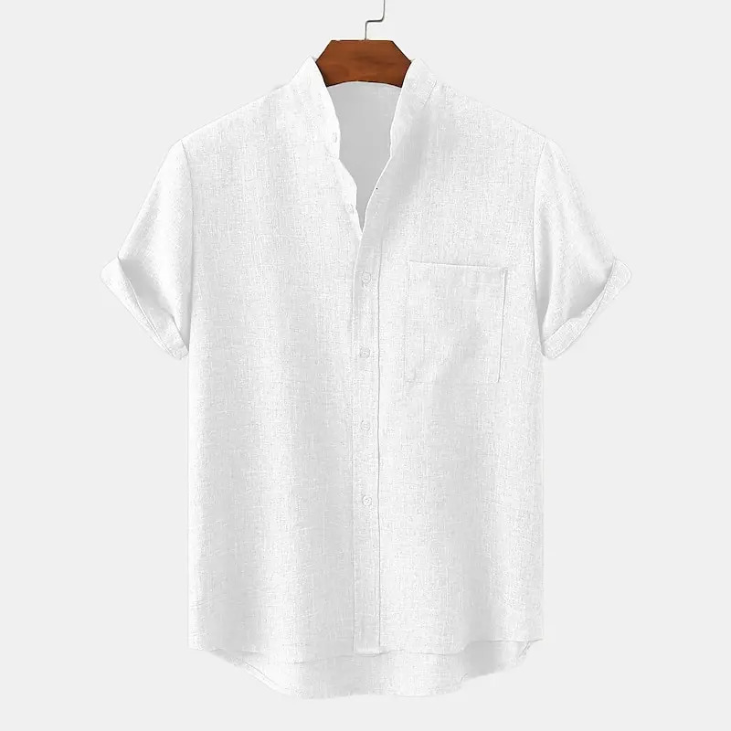 Mens top linen 100% selling shirt half open button up collar solid color European size 250226