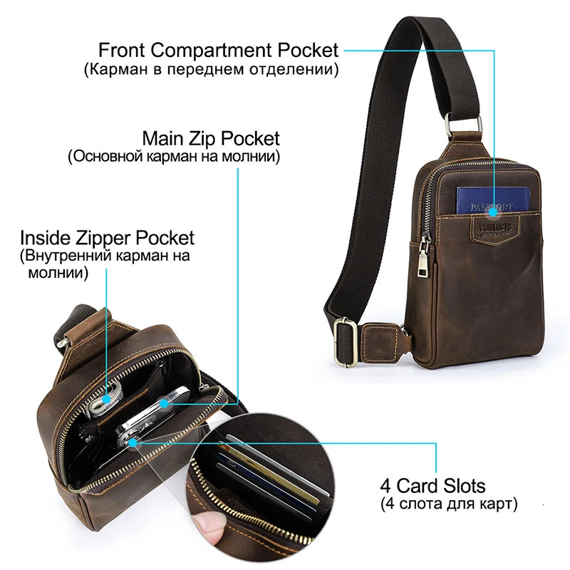 Ship from US Genuine Leather Men Chest Bag Small Crossbody Fanny Pack Casual Travel Sling Shoulder Messenger Mini Handbag Male 250227FBB