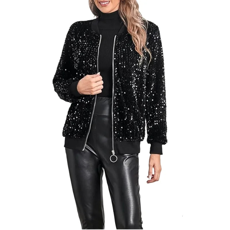Womens fashionable Oneck long sleeved zipper cardigan top casual version solid color jacket street shiny sequin baseball 250227
