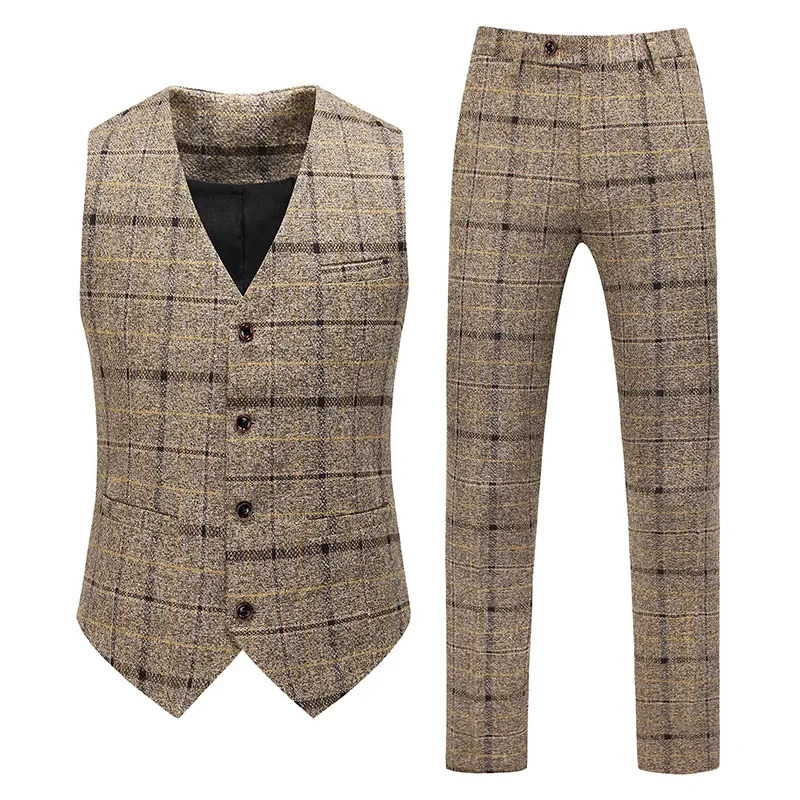 Elegant Mens Suit Blazer Vest Pants Mens Fashion Business Gentleman Wedding Casual Plaid Cotton Linen British Suit 250222