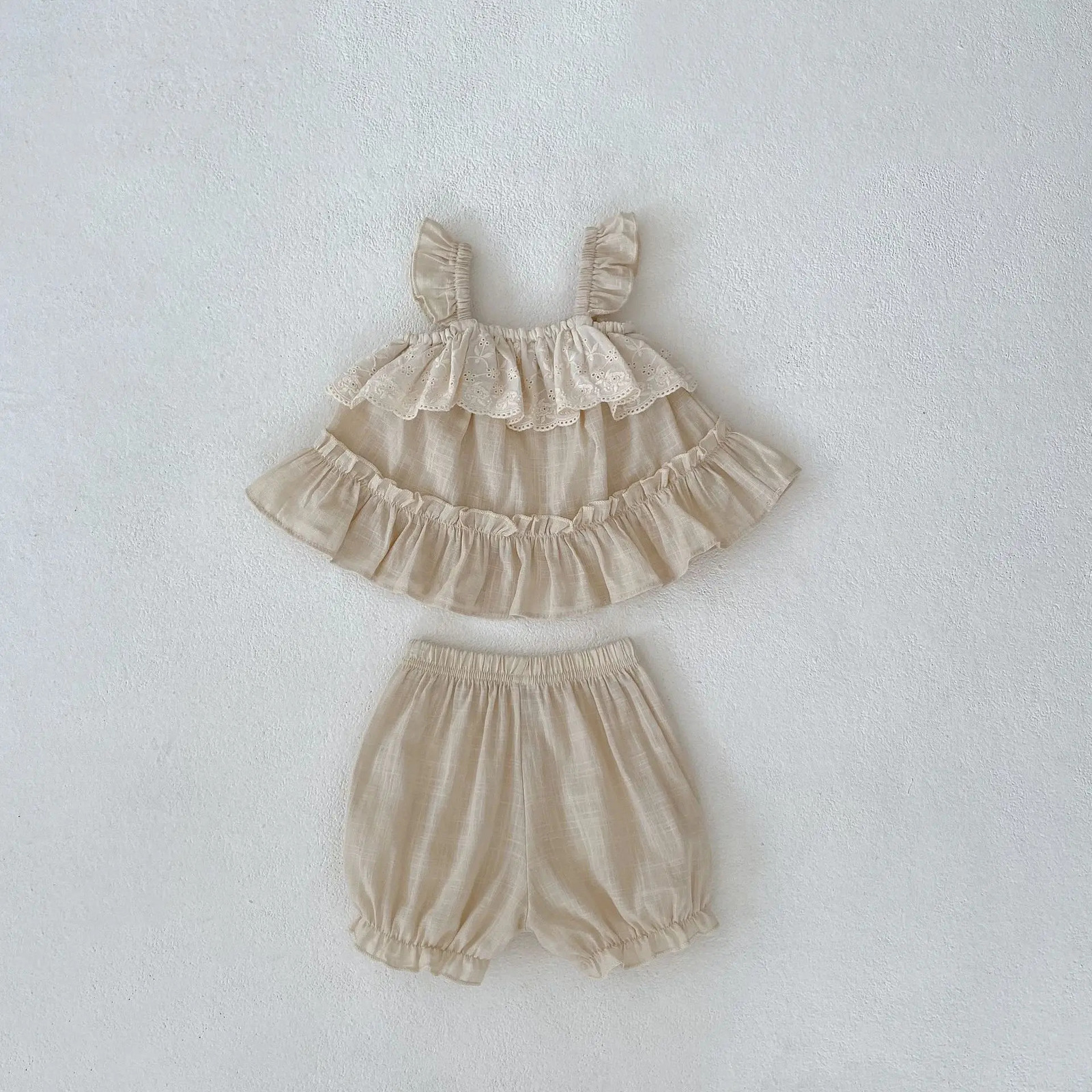 Milancel Summer Baby Clothing Set Sweet Ruffle Sleeves Camisol and Shorts 2-piece Girls Set Solid Color Baby Clothing 250227
