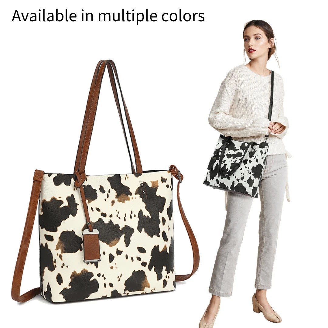 Ship from US Cow Print Tote Bag for Women Western Purse Boho Top Handle Stachel Handbag with Guitar Strap Gift Brown 250227FBB