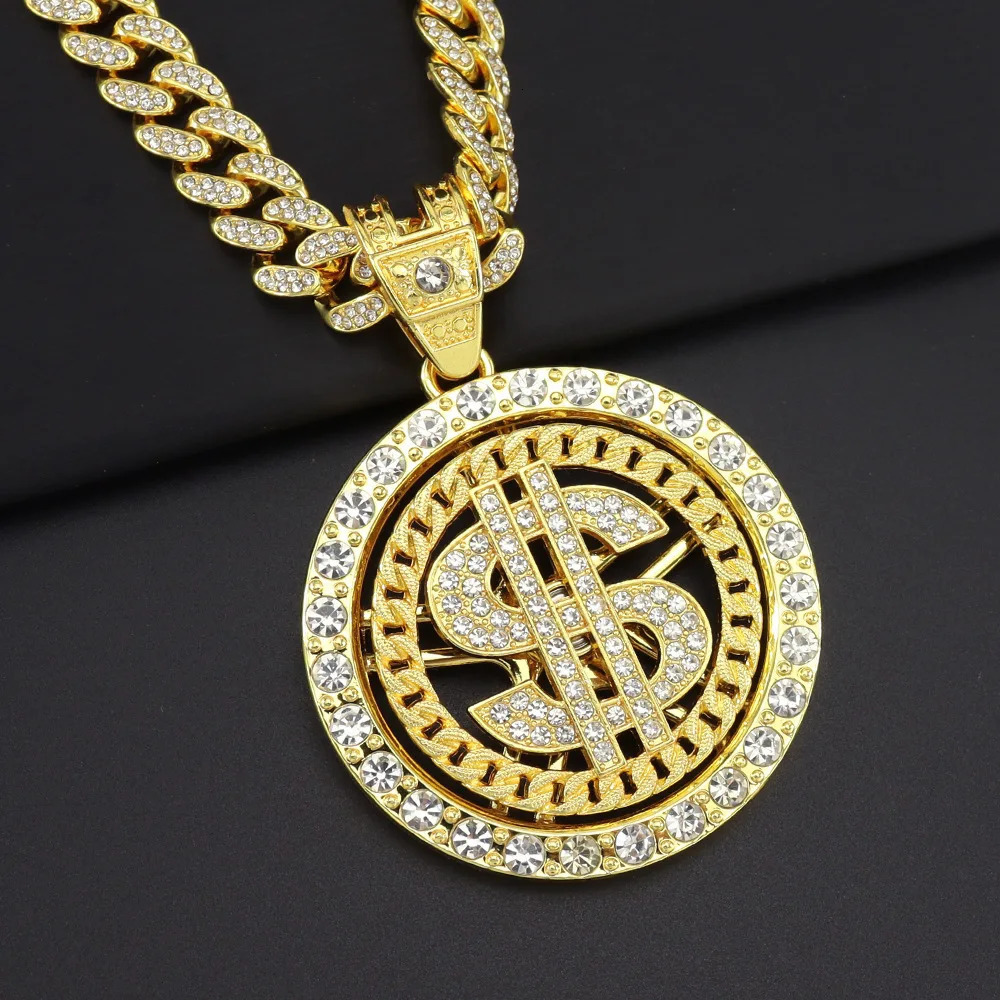 Men Hip Hop Big Rotatable US Dollar Money Sign Pendant Necklace 13mm Iced out Cuban Chain Choker Necklace Rap Rock Charm Jewelry 250227