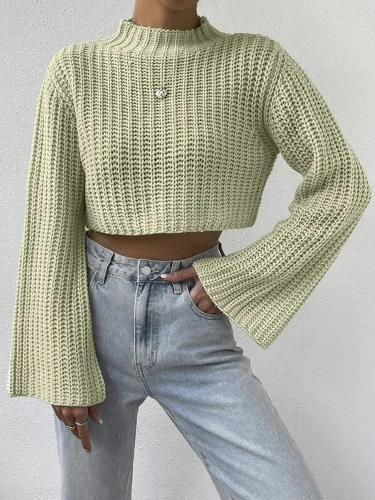 Korean Style Solid Cropped Sweater Women Vintage Oversize Knit Jumper Fmale Autumn Long Sleeve Oneck Pullovers Tops 250225
