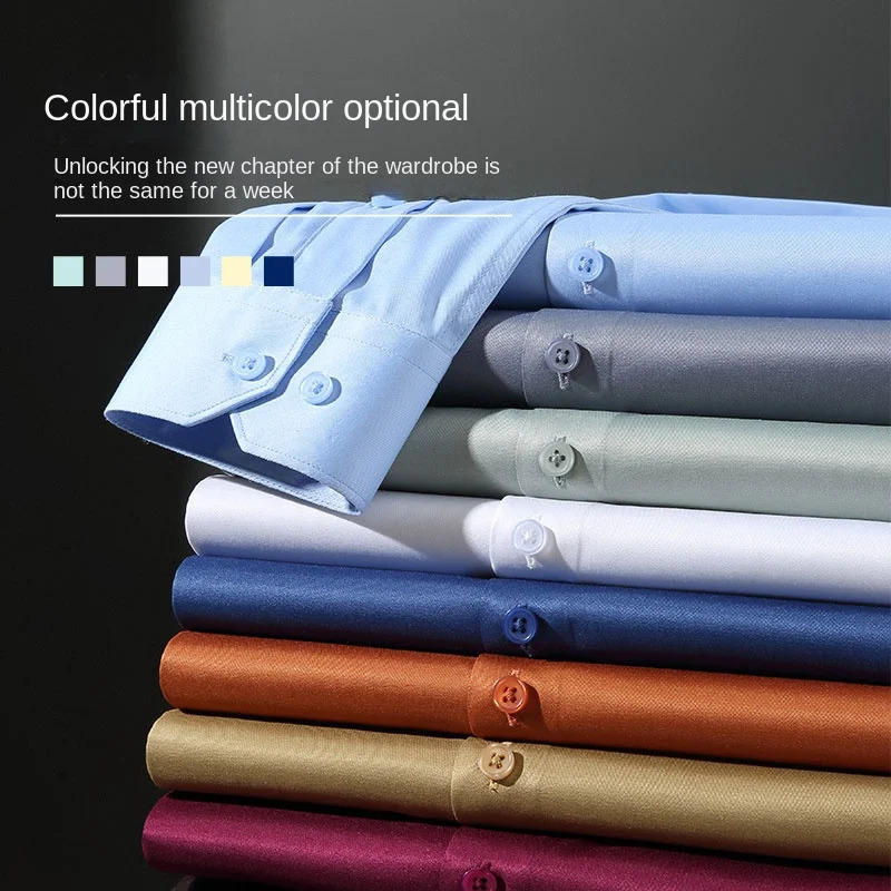 Long sleeved shirt for mens business casual orange non ironing wrinkle resistant elastic solid color mens shirt style 250224