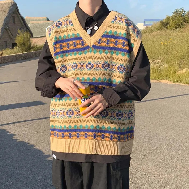 Retro warm sweater mens Vneck knitted spring loose casual long sleeved sleeveless jacquard 250225