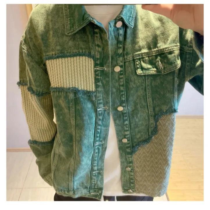 Mens Jean Coats Splicing Geometry Autumn Mens Denim Jacket Green American Retro Autumn Denim Jacket Korean Fashion Y2K Clothing 250225